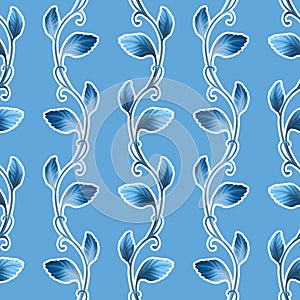 Abstract seamless pattern with blue leaves.
