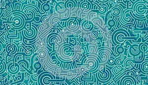 Abstract seamless pattern. Blue, turquoise and white. Bolts, gears, polygons.