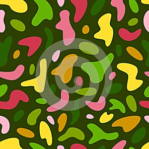 Abstract seamless pattern. Bright spots, blots on green. Baby vector print