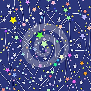 Abstract seamless pattern with colored bright stars on blue background. Vector