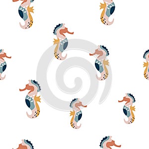 Abstract seamless pattern with colorful seahorses on white background