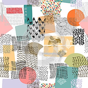 Abstract seamless pattern with colorful stains and ink scribbles. Vector design