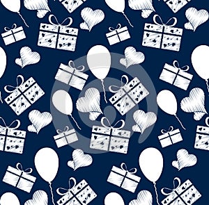 Abstract seamless pattern consisting of boxes with gifts,hearts