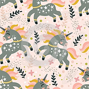 Abstract seamless pattern with cutes unicorns