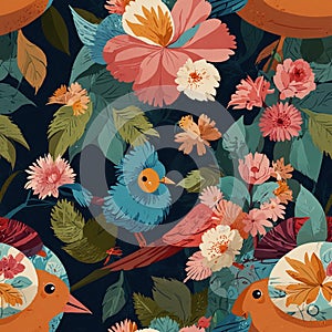 abstract seamless pattern with different colors and types of birds, flowers and leaves