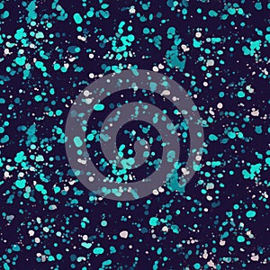 An abstract seamless pattern displaying energetic paint splatters in cyan and white over a deep navy blue backdrop