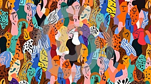 Abstract seamless pattern with diverse and colorful crowd of people in modern collage style. Illustration of a multi-ethnic