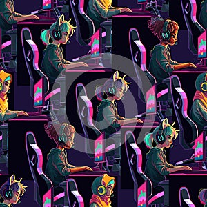 Abstract seamless pattern of diverse girls gamers or streamers sits in front of a computers.