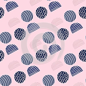 Abstract seamless pattern with doodle circles. Navy blue stripped elements on soft light background