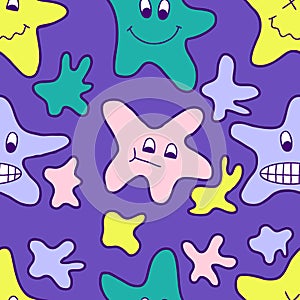 Abstract seamless pattern with doodle googly eyed stars. Groovy print for tee, paper, textile and fabric. Hand drawn vector