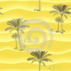 Abstract seamless pattern with dunes, palm trees and Egypt pyramids in the desert. Hand drawn vector illustration