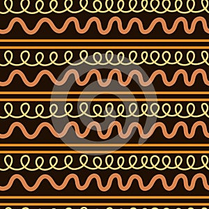 Abstract seamless pattern, endless texture of orange wavy lines on dark background