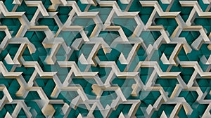 Seamless geometric pattern with 3D beige blocks on teal background