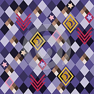 Abstract seamless pattern with glittering elements on rhombus  background