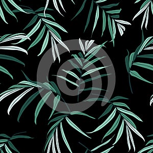 Abstract seamless pattern with green palm tropical leaves on black background. Hand draw illustration.