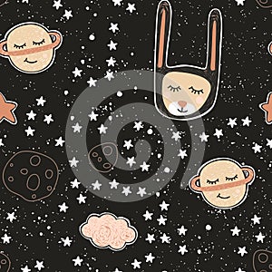 Abstract seamless pattern with hand drawn cute rabbits, planets, stars. Beautiful modern texture with chaotic painted