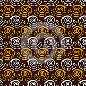 Abstract seamless pattern of hand drawn natural forms, shells, spirals. Color vector background