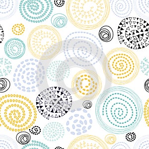 Abstract seamless pattern with hand drawn round elements Yellow blue white colors vackground vector illustration