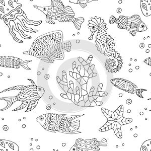 Abstract seamless pattern with hand-drawn sea fish, coloring page