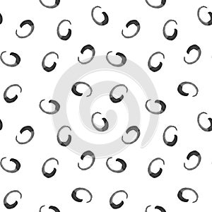 Abstract seamless pattern with hand drawn shapes, circles, smears, hooks. Hand painted grunge ink in black and white