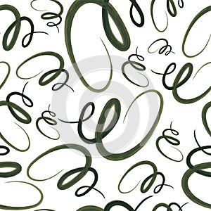 Abstract seamless pattern. Hand drawn watercolor green lines, brush strokes, wavy lines, scribbles, swirls on white