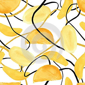 Abstract seamless pattern with hand drawn watercolor yellow shapes, line, doodle elements. Bright Christmas