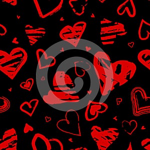 Abstract seamless pattern with hearts. Ink illustration. Grunge style elements. Black and red. Stock vector. Perfect for Valentine