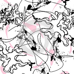 Abstract seamless pattern of ink lines and blots. Graffiti made from pink and black elements on a white background. Drip