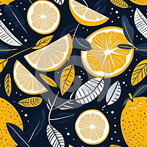 abstract seamless pattern with lemons, circles, dots. Stylized citrus fruit repeated background. Colorful endless print