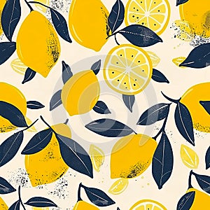 abstract seamless pattern with lemons, circles, dots. Stylized citrus fruit repeated background. Colorful endless print