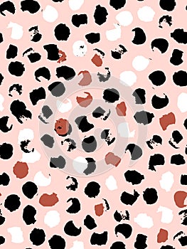 Abstract seamless pattern of leopard spots in black, red, white and pink. Ink and brush. Hand drawn.