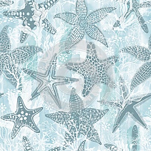 Abstract seamless pattern on the marine theme with underwater plants,starfish on blue watercolor background. Vector. Perfect for