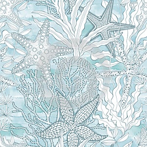 Abstract seamless pattern on the marine theme with underwater plants, starfish on blue watercolor background.  Vector. Perfect for
