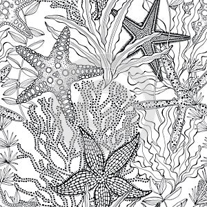Abstract seamless pattern on the marine theme with underwater plants, starfish on white background. Vector. Perfect for design