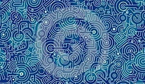 Abstract seamless pattern. Mechanisms, gears, bolts, cogs. Light and dark blue, white