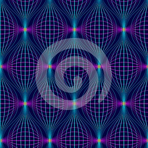 Abstract seamless pattern. Neon geometric background with lines. Repeating digital warp grid