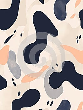 Abstract seamless pattern with organic shapes in blue, grey and peach on a beige background