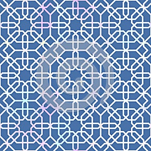 Abstract seamless pattern with pastel-colored geometric shapes on a blue background
