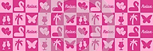 abstract, seamless pattern of pink daisies, butterflies, palm tree. fashionable plaid, cute Barbie-style graphics. for printing,
