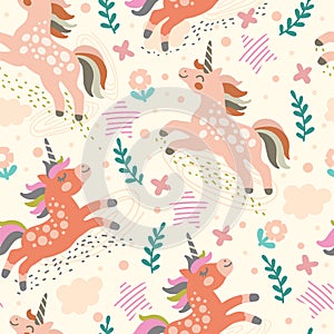 Abstract seamless pattern with pink unicorns