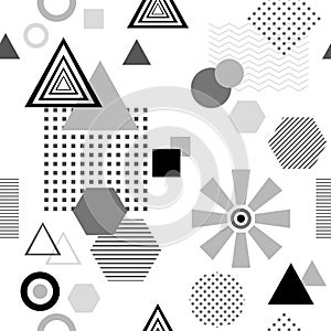 Abstract seamless pattern in postmodern Memphis Style black grey on white