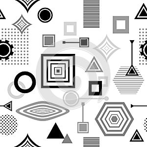 Abstract seamless pattern in postmodern Memphis Style black grey on white