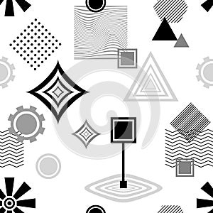 Abstract seamless pattern in postmodern Memphis Style black grey on white