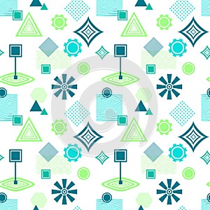 Abstract seamless pattern in postmodern Memphis Style blue green on White
