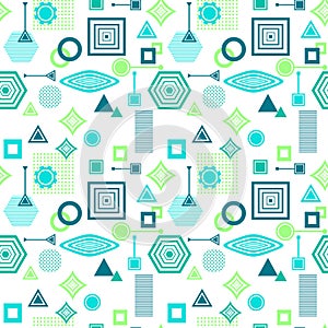 Abstract seamless pattern in postmodern Memphis Style blue green on White