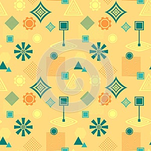 Abstract seamless pattern in postmodern Memphis Style blue green on yellow beige