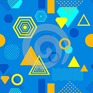 Abstract seamless pattern in postmodern Memphis Style blue yellow orange