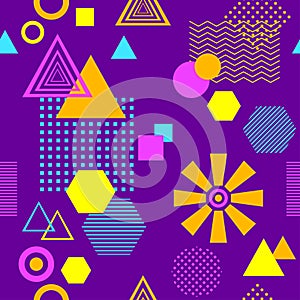 Abstract seamless pattern in postmodern Memphis Style lilac blue pink orange