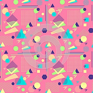 Abstract seamless pattern in postmodern Memphis Style on pink