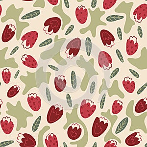 Abstract seamless pattern with red flowers and green leaves on beige
